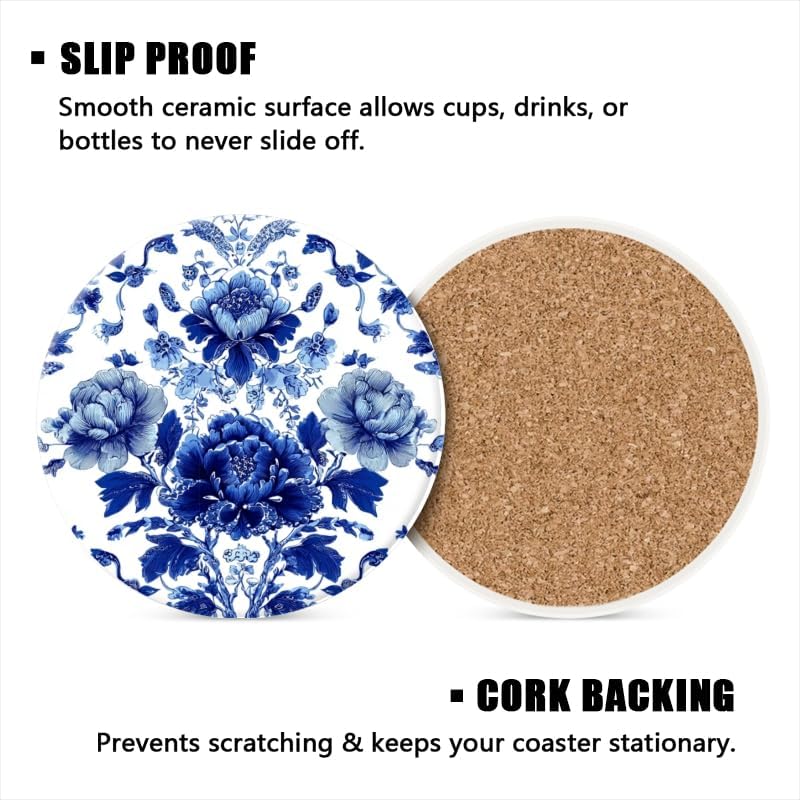 Holder / Bule and Coasters Cork Bases Ceramic Coasters / 4in/10cm / Color-2 / White / Set of 6