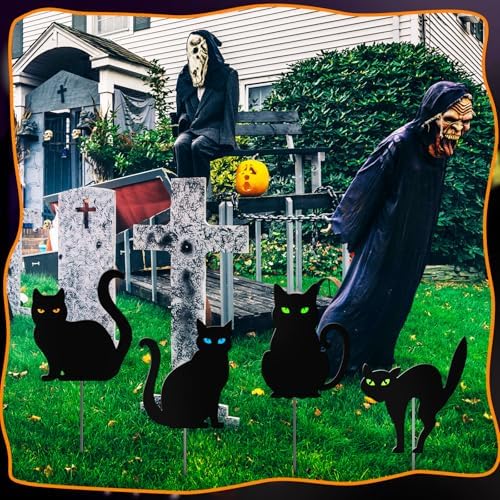 Chunful 4 Pcs Halloween Black Cat Decorative Garden Stakes