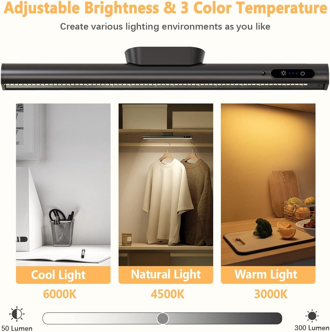 Hapfish Battery Powered Operated Wall Strip Lights, Rechargeable Magnetic LED Light Bar with Remote, Dimmable Desk