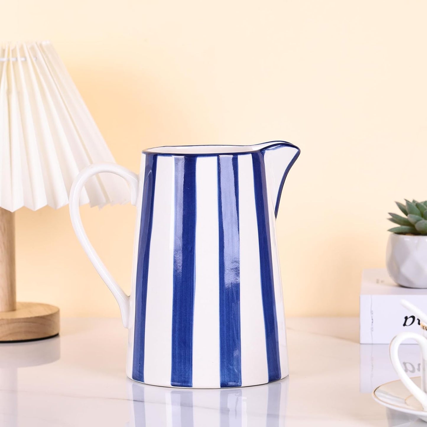 Ceramic and White Pitcher Vase / Stripes / Blue