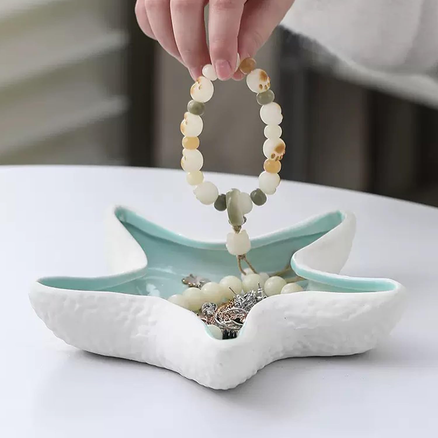 Ceramic Jewelry Tray Starfish Conch Shape Aqua Shell Trinket Plate Ceramic Conch Shell / Set of 2