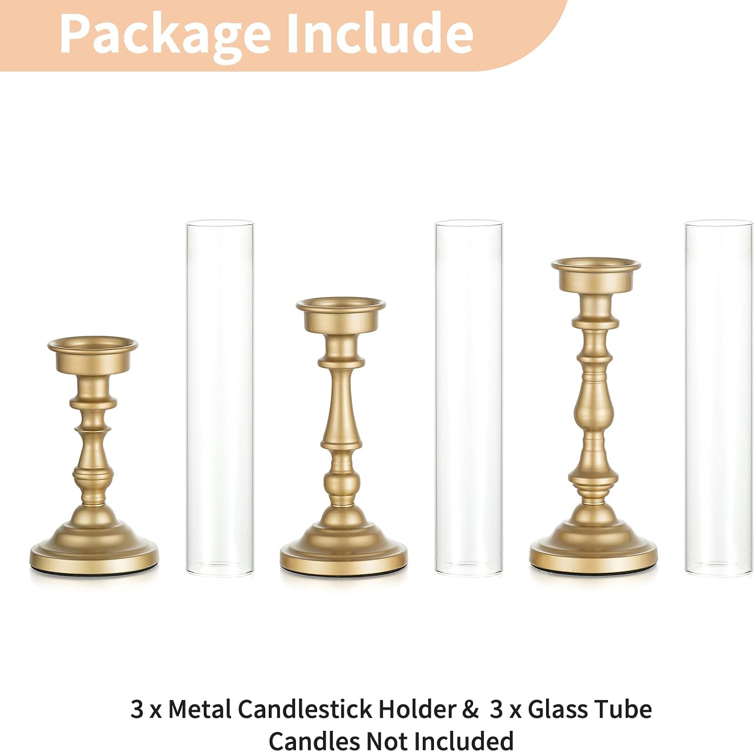 NUPTIO Hurricane Candle Holder for Centerpiece: Set of 3 Gold Candlestick Holders with Glass Shade - Vintage Taper