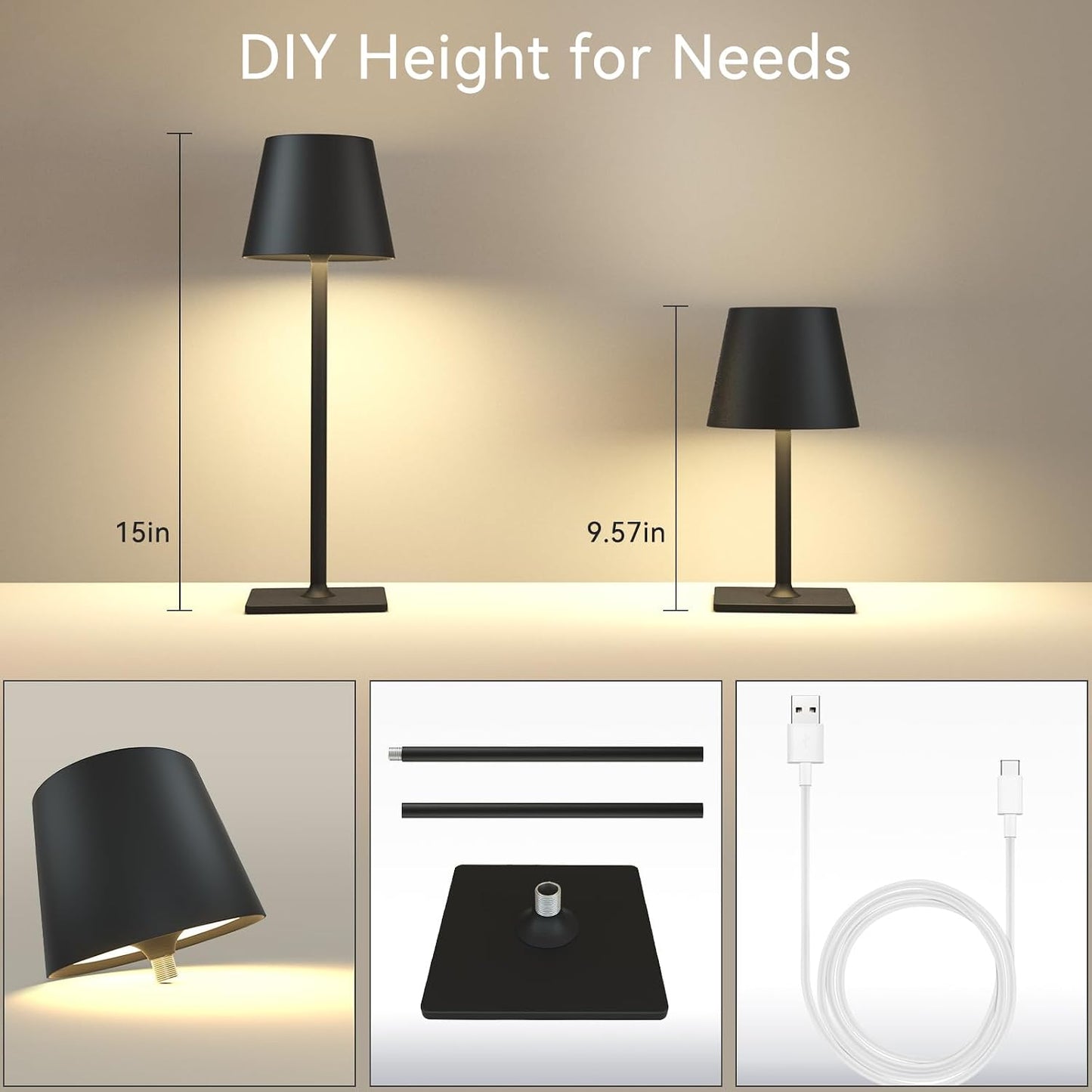 Yogaret Black Cordless Table Lamps, 6000mAh Rechargeable Battery LED Lights | Set of 4 battery operated lamps wireless