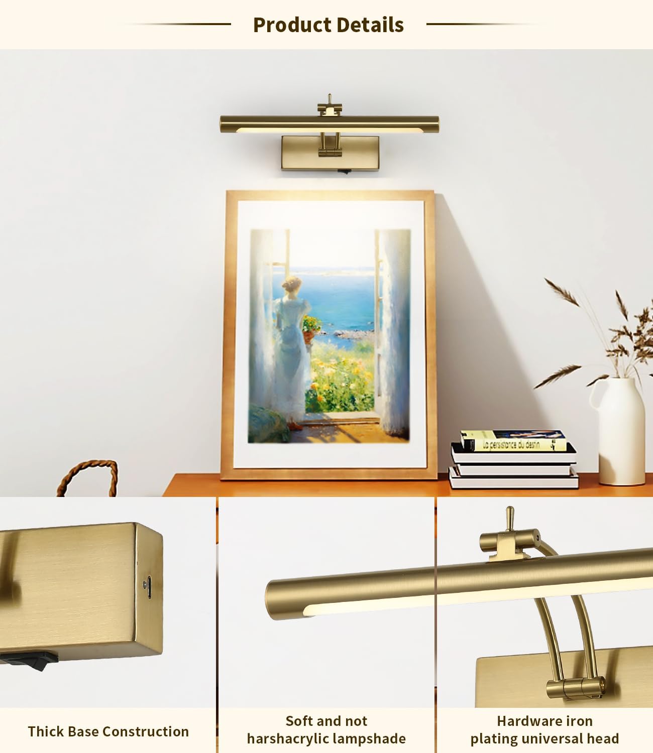 Battery Operated Picture Light with Remote,Wireless Gallery Lights Brass 12in Rechargeable Display Light with Flexible