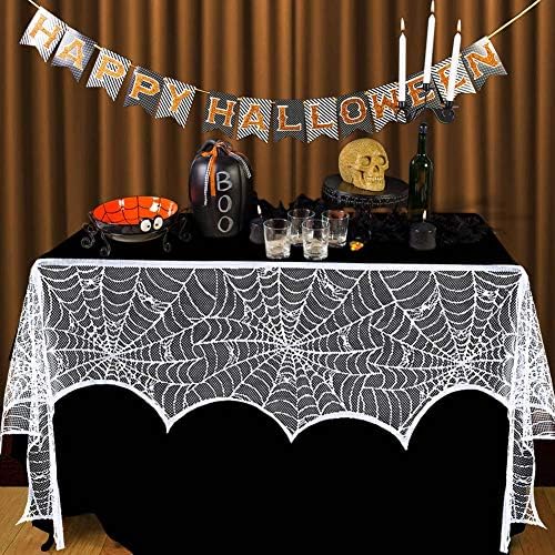 AerWo Halloween Fireplace Mantel Scarf, Halloween Decorations White Lace Spiderweb Fireplace Cover Festive Party Supplies,18 x 98 inch