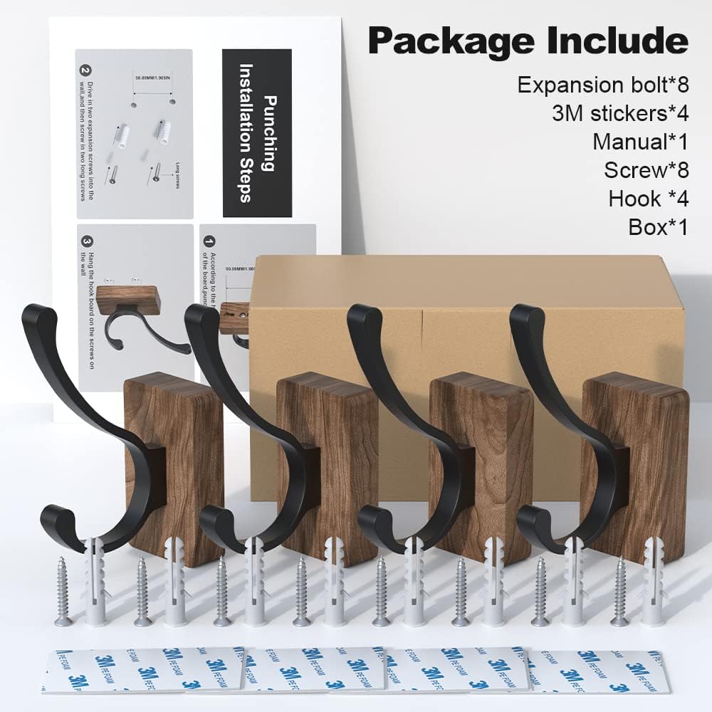 Walnut Wood Wall Hooks Adhesive Mounted & Wall Mounted / Hooks-double Hooks / Black / Set of 4