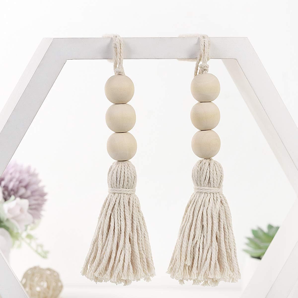 Cotton String Tassel Wood Beads Ornaments Closet Door Handle Decor Handmade / Natural / Set of 4