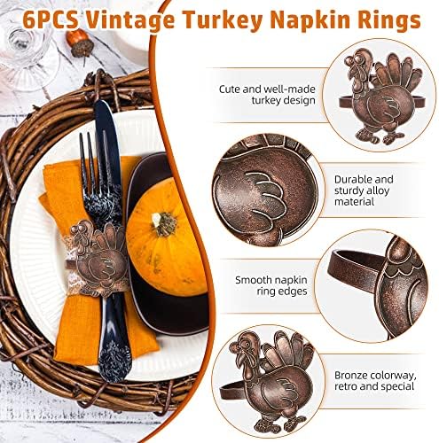 Halatool Thanksgiving Bronze Turkey Napkin Rings Set of 6, Funny Metal Festival Napkin Holders for Thanksgiving Weddings Holidays Gathering Dinner Party Decorations
