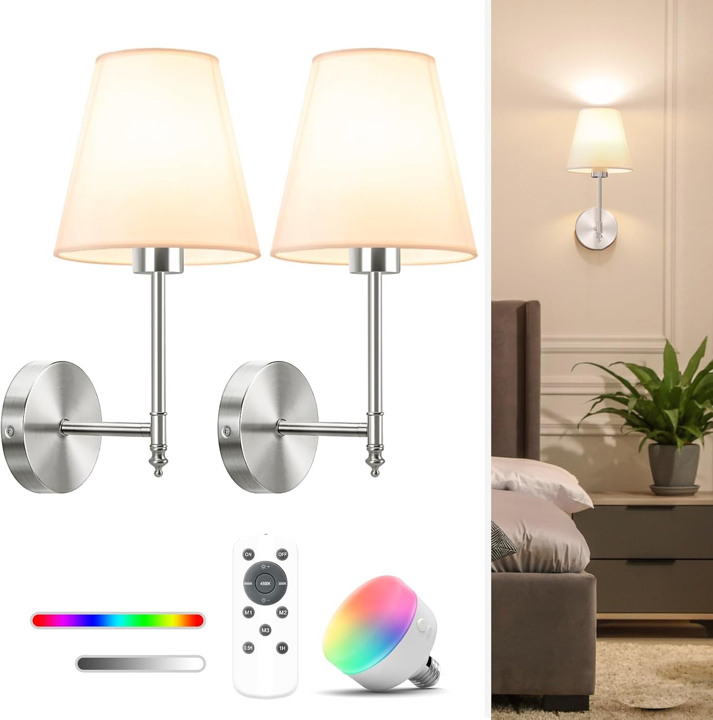 NIORSUN 14.5 inch Battery Operated Wall Sconce Set of 2,Brushed Nickel Rechargeable Wall Lights with 10400mAh Dimmable