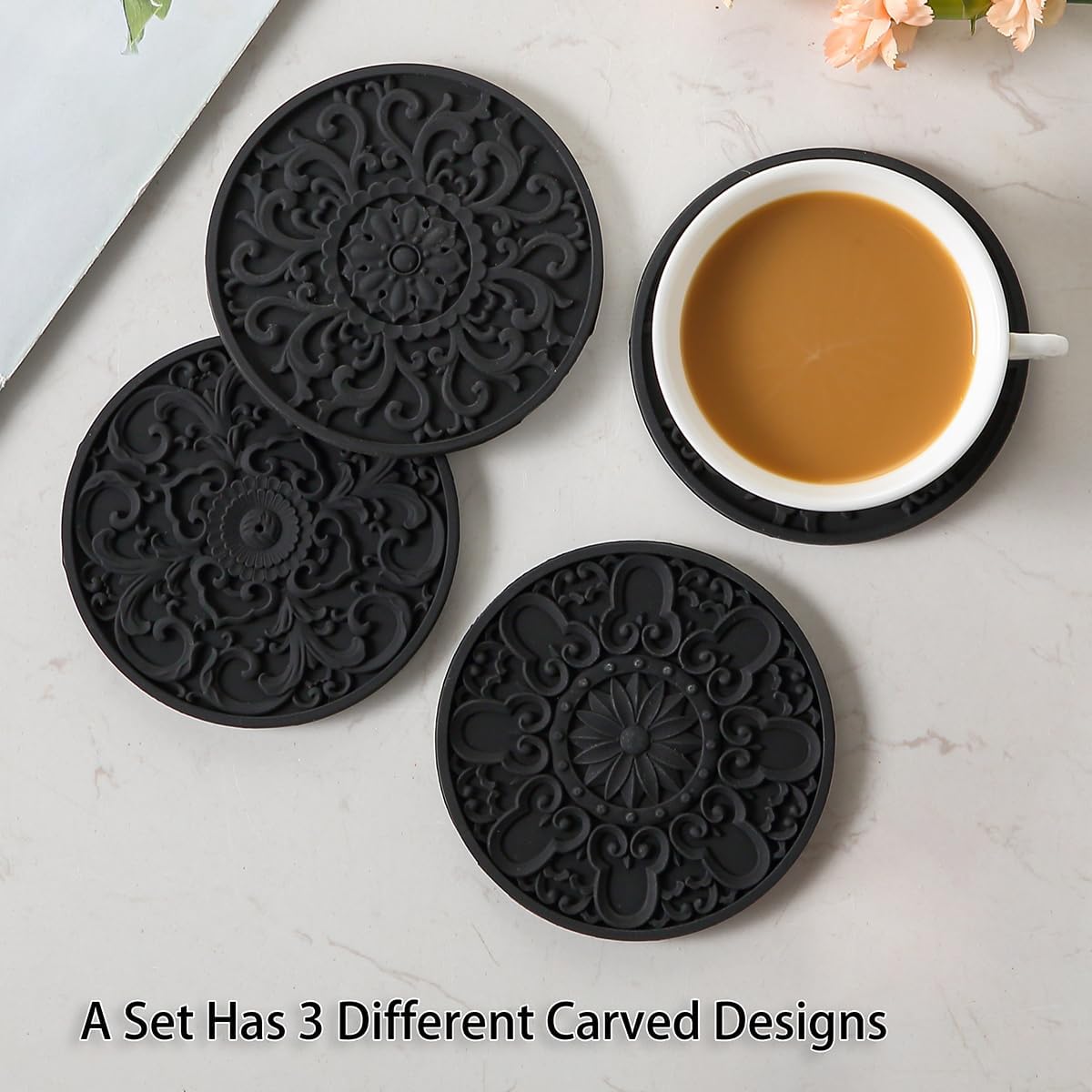 Holder / Non-Slip Cup Mats for Hot and Cold Drinks / Black / Set of 6