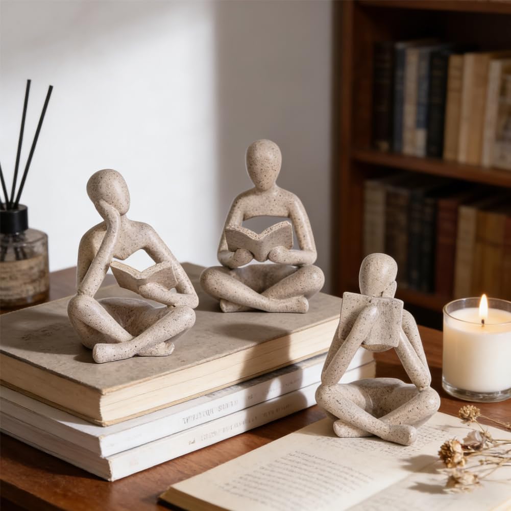 Thinker Statue / Matte Sandstone Resin Reading Figurines / Sandstone Color / Set of 3