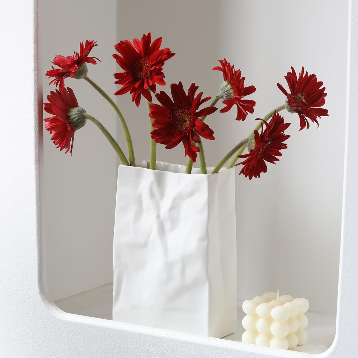 Crinkle Paper Bag Ceramic Vase / White / 7.5 Inch