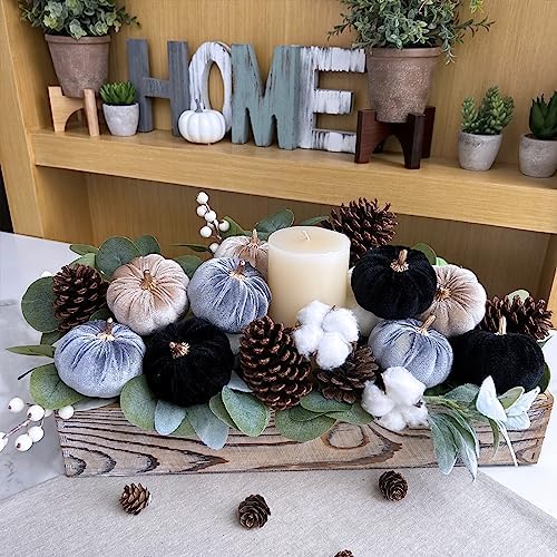 Winlyn 12 Pcs Small Assorted Faux Velvet Pumpkins Decorative Fabric in White Black Gray Taupe Foam Pumpkins 3" for Farmhouse Fall Wedding Thanksgiving Halloween Table Centerpiece Mantel Décor