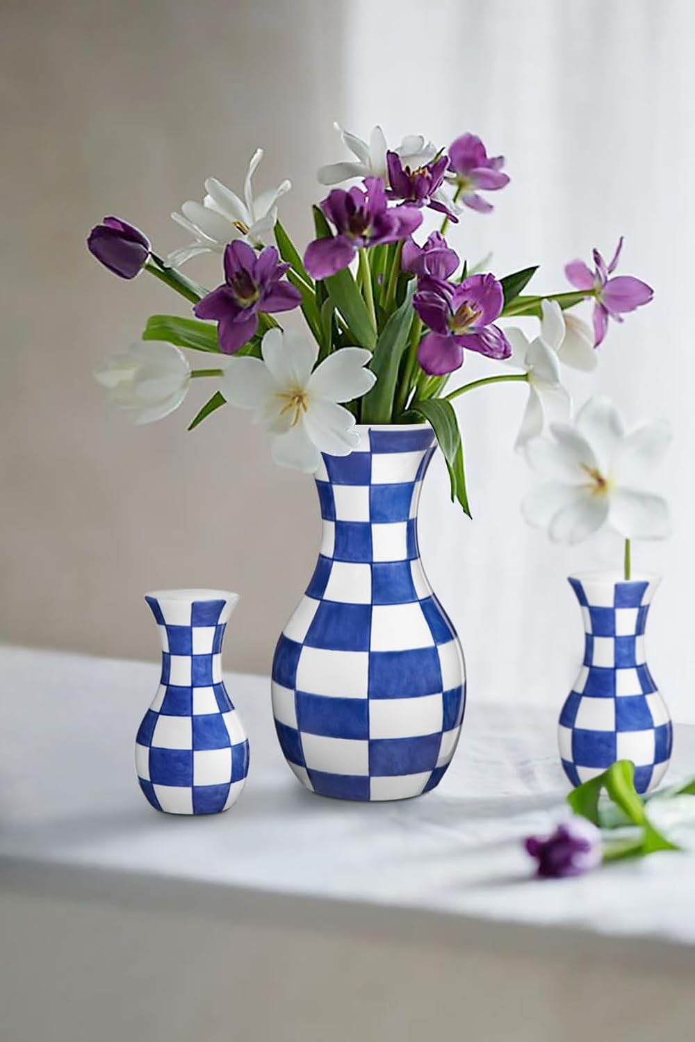 Bud Ceramic Flower Vase / # Plain Texture / Blue / 6 Inch / Set of 2