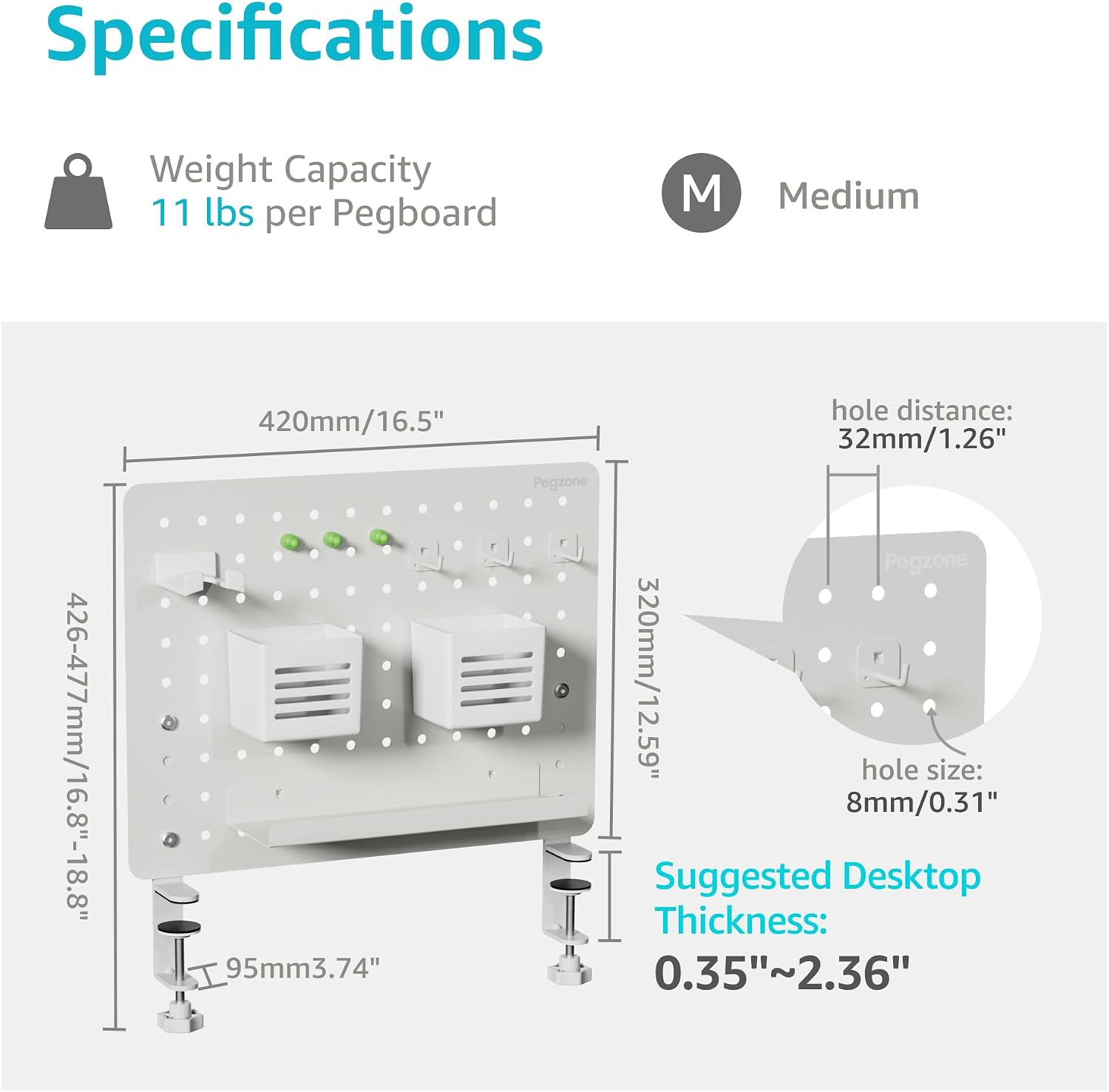 Clamp on Desk Pegboard, 16.5" x 12.6", with 10 Accessories, White | Magnetic Metal Peg Board, Desk Organizer for Office