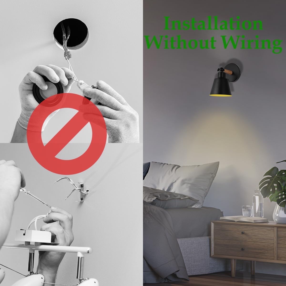 Black Battery Operated Wall Sconce Set of Two, Easy to Install Wireless Lights for Wall, Remote Control Dimmable LED