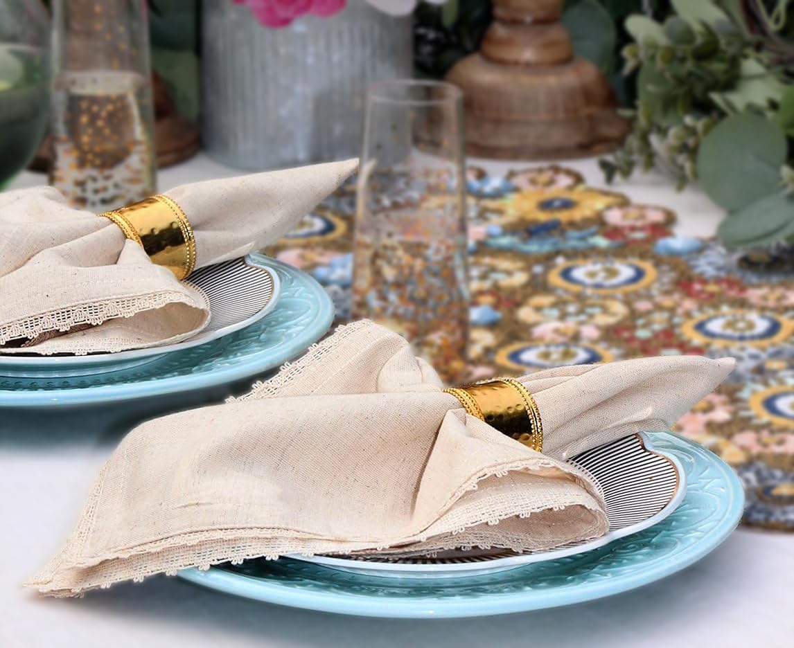 COTTON CRAFT Flax Linen Cloth Napkins with Lace - Set of 12 Dinner Napkins | Oversized 20x20 inch Natural Washable