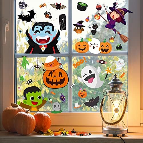 6 Sheet Window Clings - Cute Halloween Stickers and Decals for Kids - Indoor Window Decorations