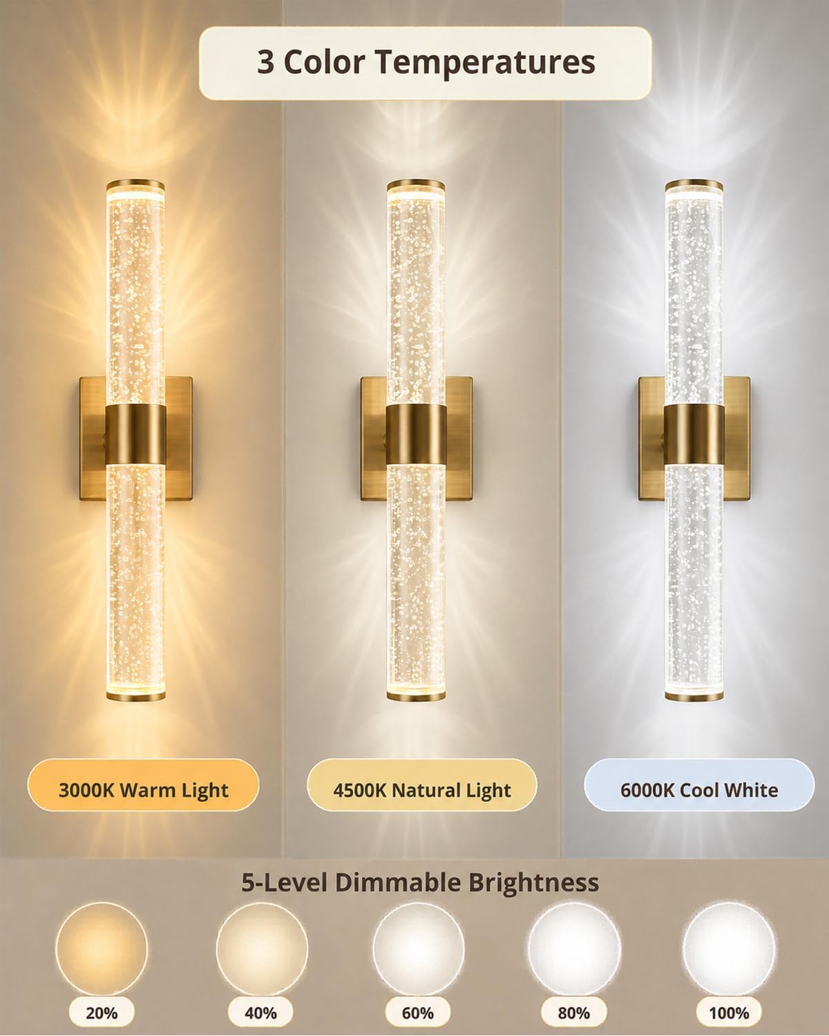 Wall Sconces Set of Two, Wireless & Rechargeable Wall Lights-Gold | 16000mAh Long-Lasting Battery，Screw-Mounted, 30ft
