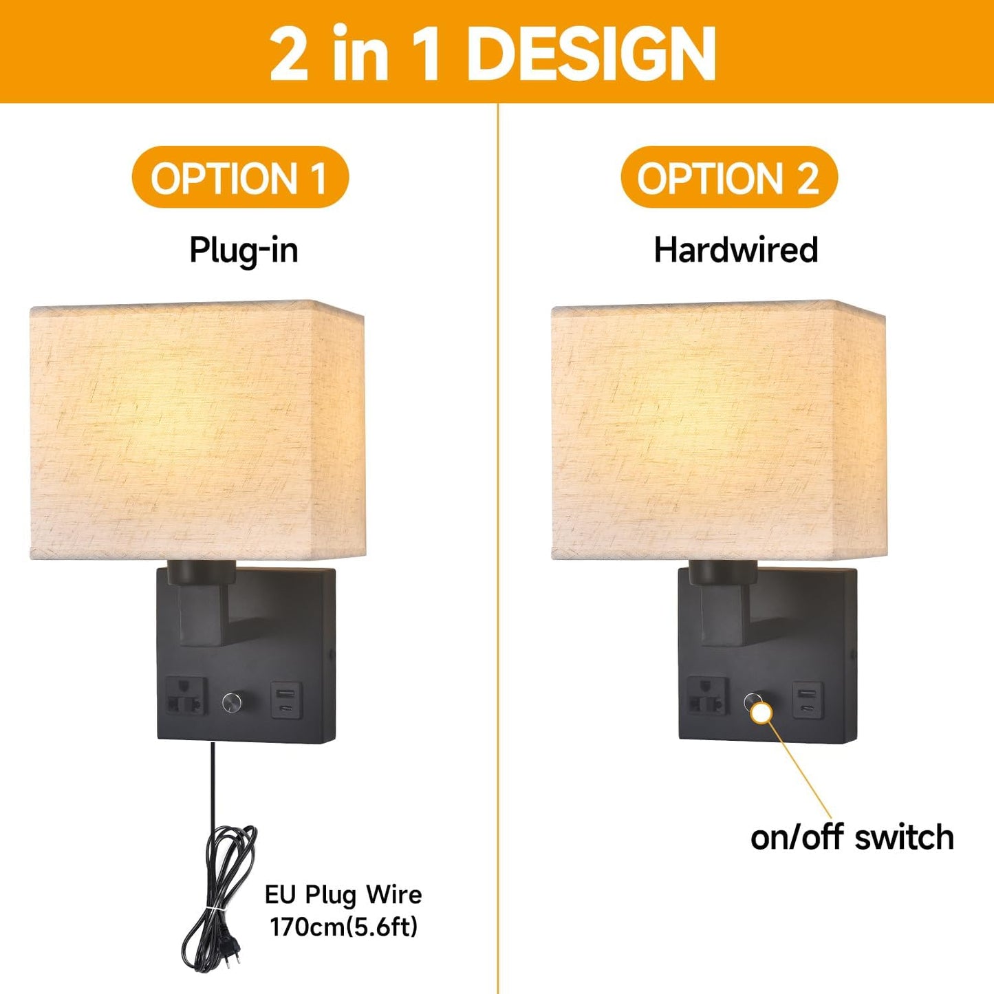 Bedside Wall Lamp for Bedroom, Plug in Wall Sconce - Dimmable Switch with AC Outlet & USB Charging Port, Fabric Shade