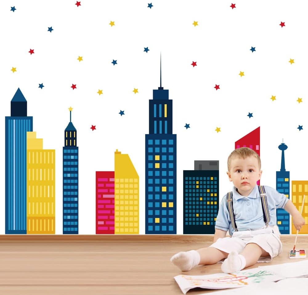 Colorful City Skyline Wall Stickers Building Silhouettes Stars Wall Decals