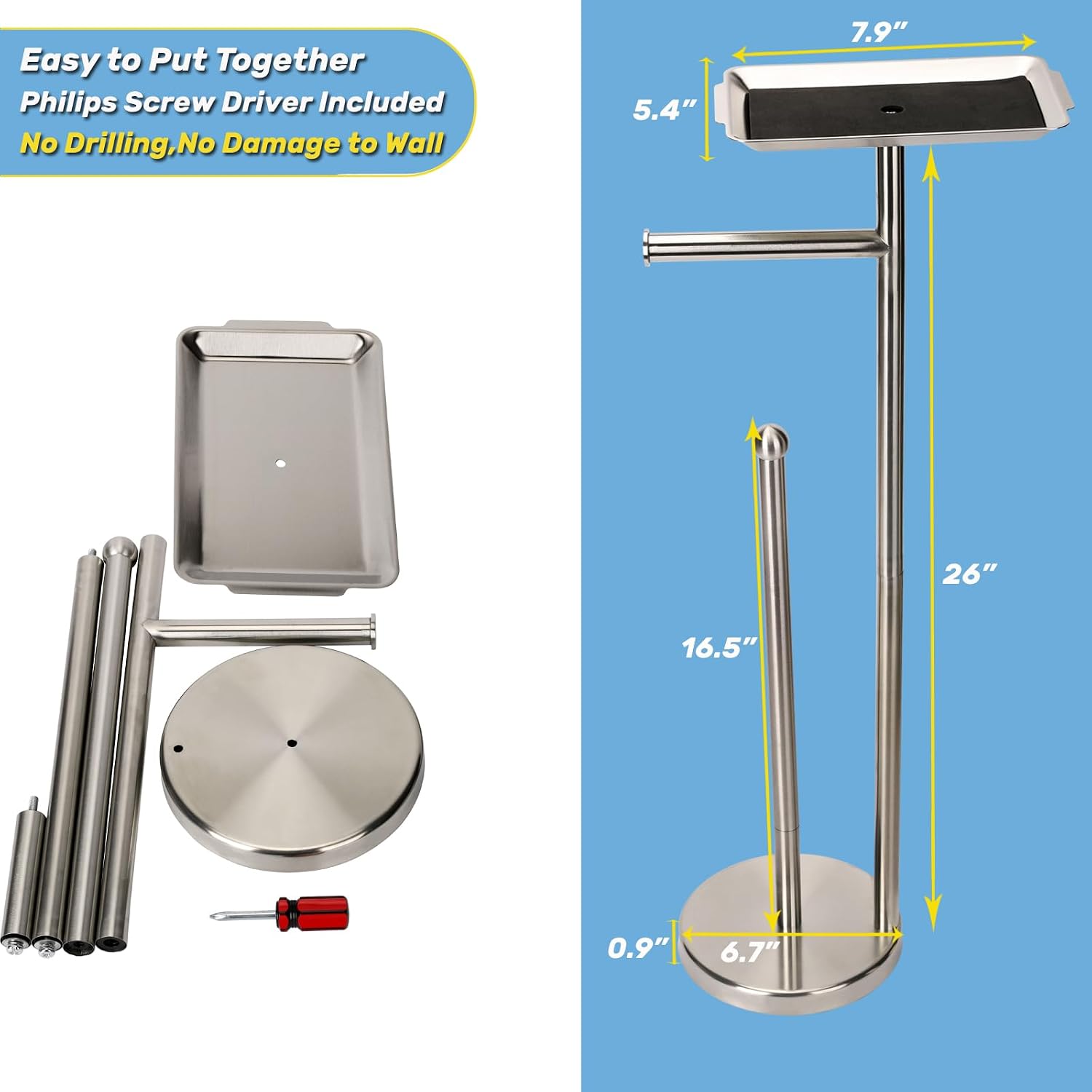 Exilon Toilet Paper Holder Stand for Bathroom Floor Freestanding Toilet Roll Dispenser Storages 4 Reserve Rolls, with