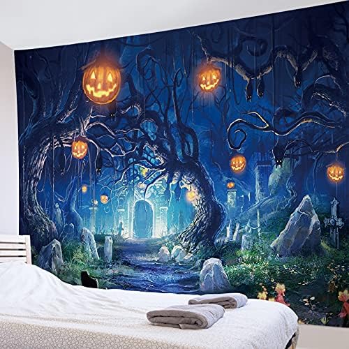 HVEST Halloween Tapestry Night Tapestry Wall Hanging Haunted Woods with Grave and Pumpkins Wall Blanket for Bedroom Living Room Dorm Decor,59W X 51H inches