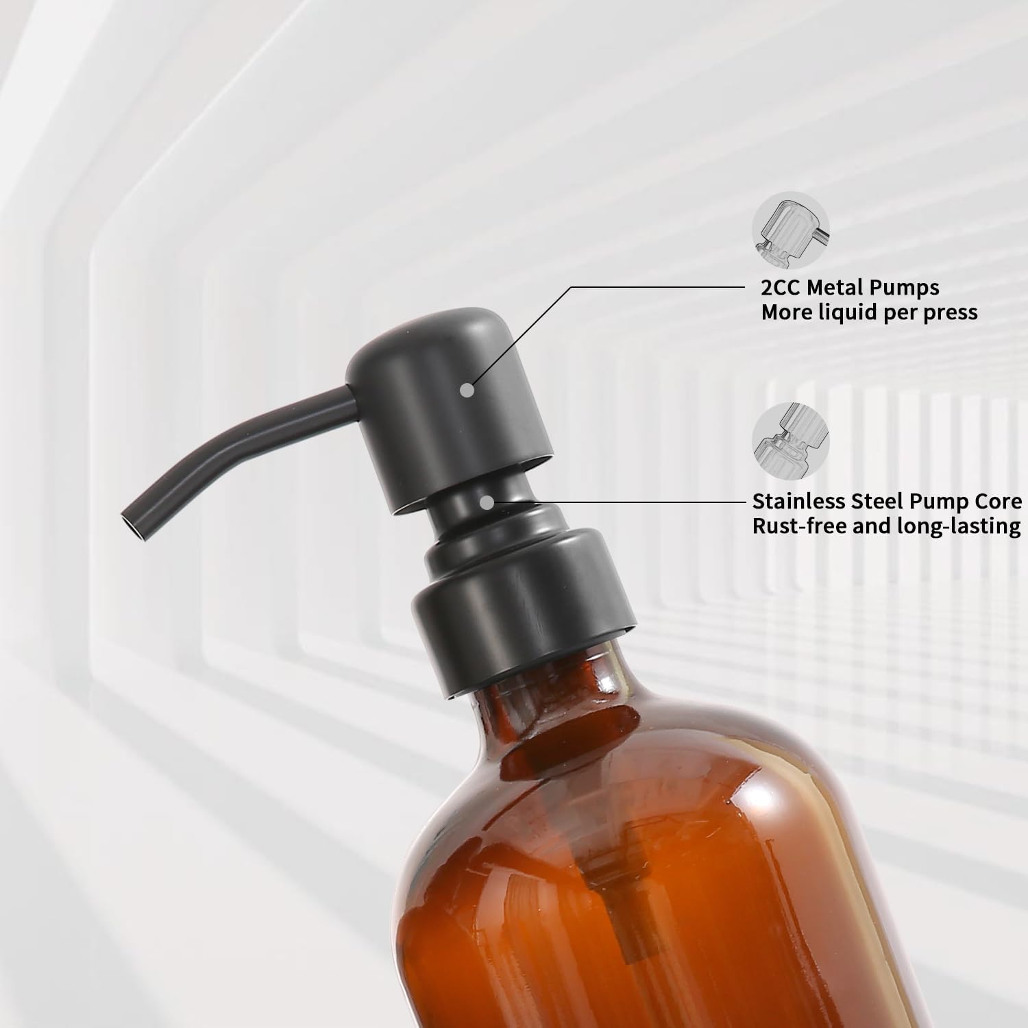 Prus Waso Amber Glass Soap Dispenser Set | Hand Soap and Lotion Set with Black Stainless Steel Pump, Perfect for Modern