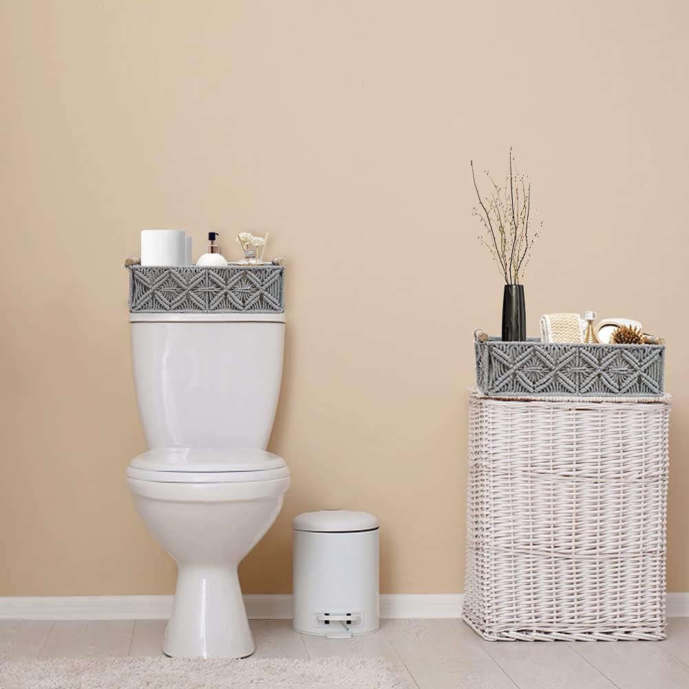 Macrame Storage Basket Boho Decor Baskets for Organizing Woven Decorative for Countertop / Grey