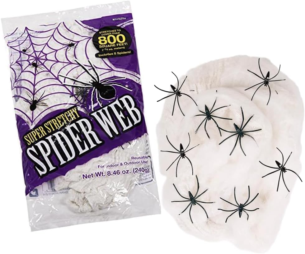 Kangaroo 800 Sq Ft Fake Spider webs with 4 Fake Spiders for Halloween Decor