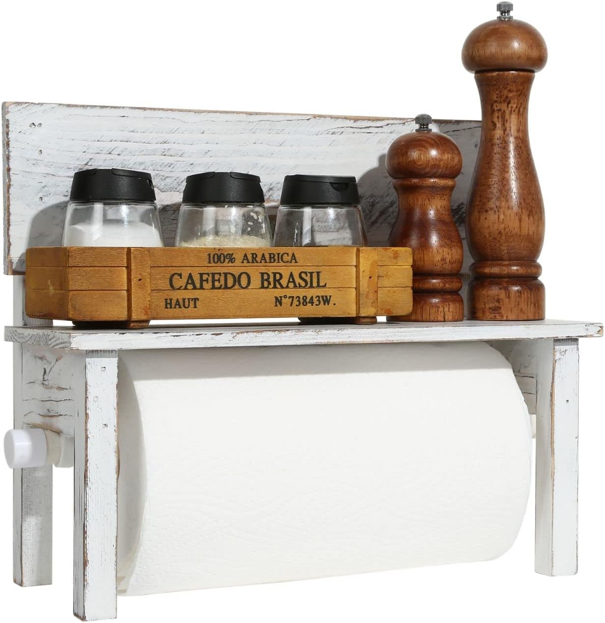 Farmhouse Paper Towel Holder for Kitchen Countertop with Shelf,Rustic Decorative Bench Paper Towel Dispenser
