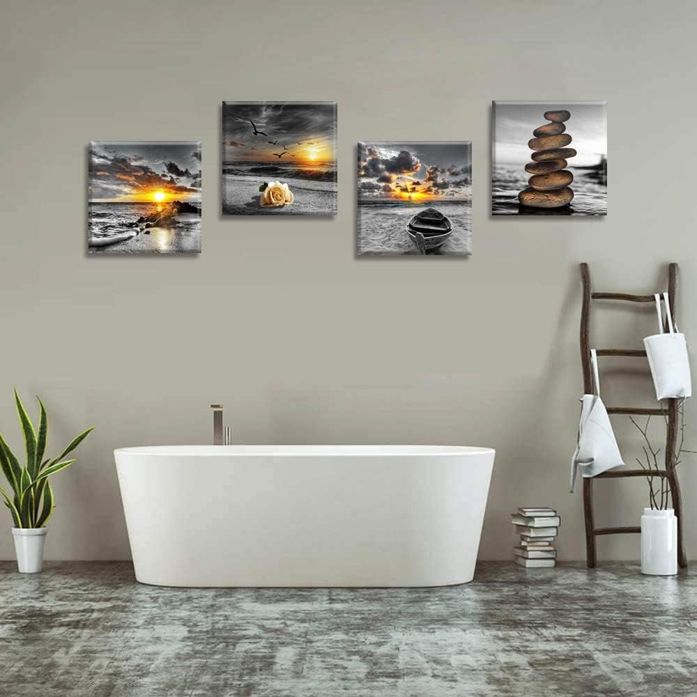 Black and White Gold Beach Wall Art Ocean Canvas / Ablack and White / 12 x 12 / Inches x / Set of 4