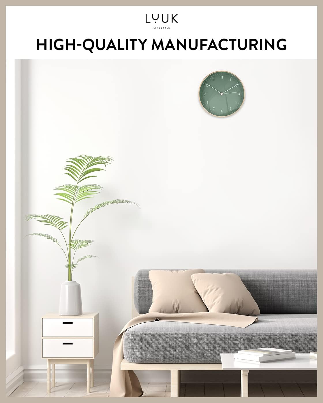 Modern Silent Quartz Wall Clock, 10in, Dark Green & Gold | Designed in Germany, Simple & Elegant, Non-ticking, Analog