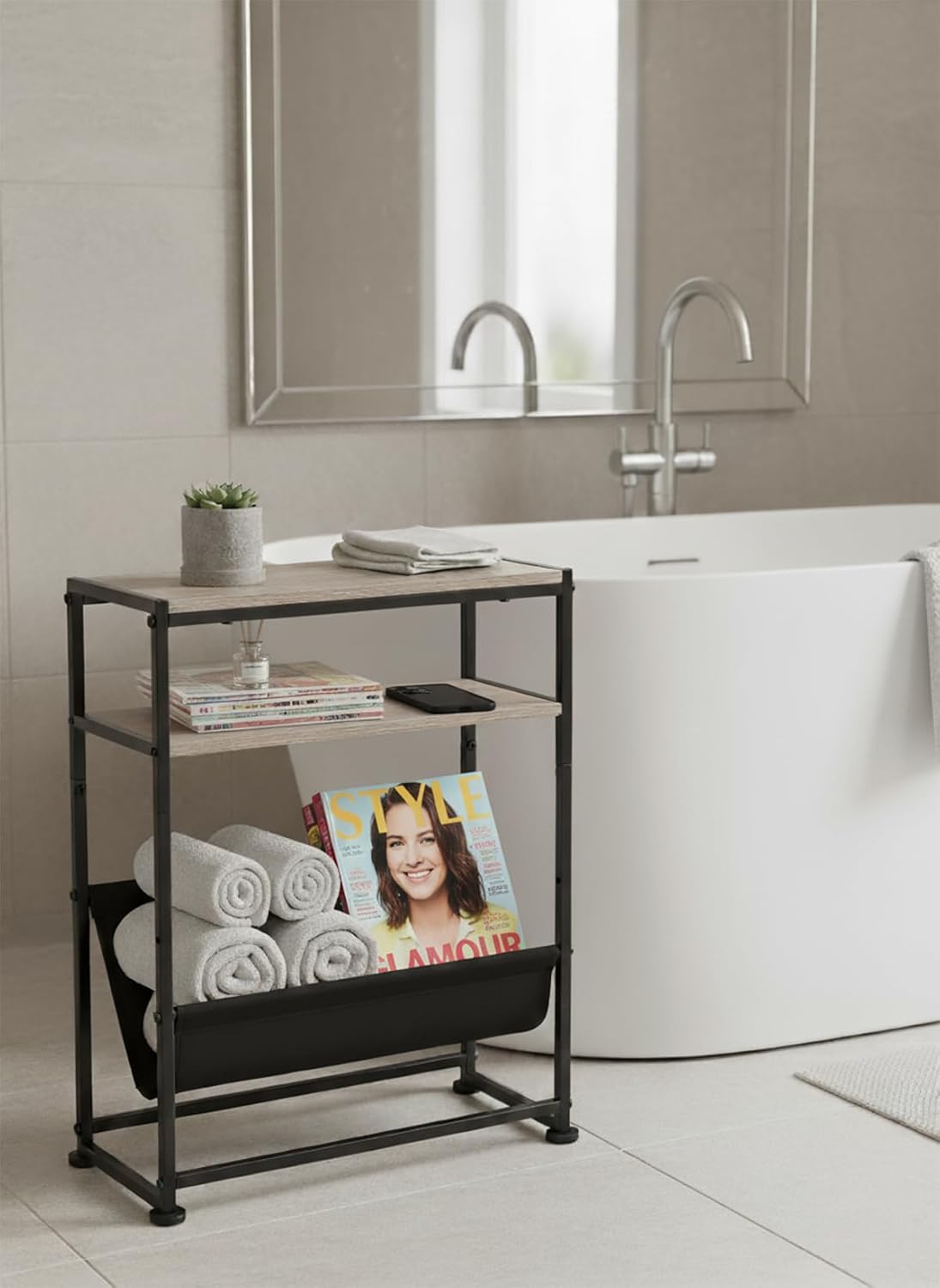 Narrow End Table for Small Spaces - Slim Side Table with Magazine Holder,2 in 1 Design Narrow Coffee Table Living