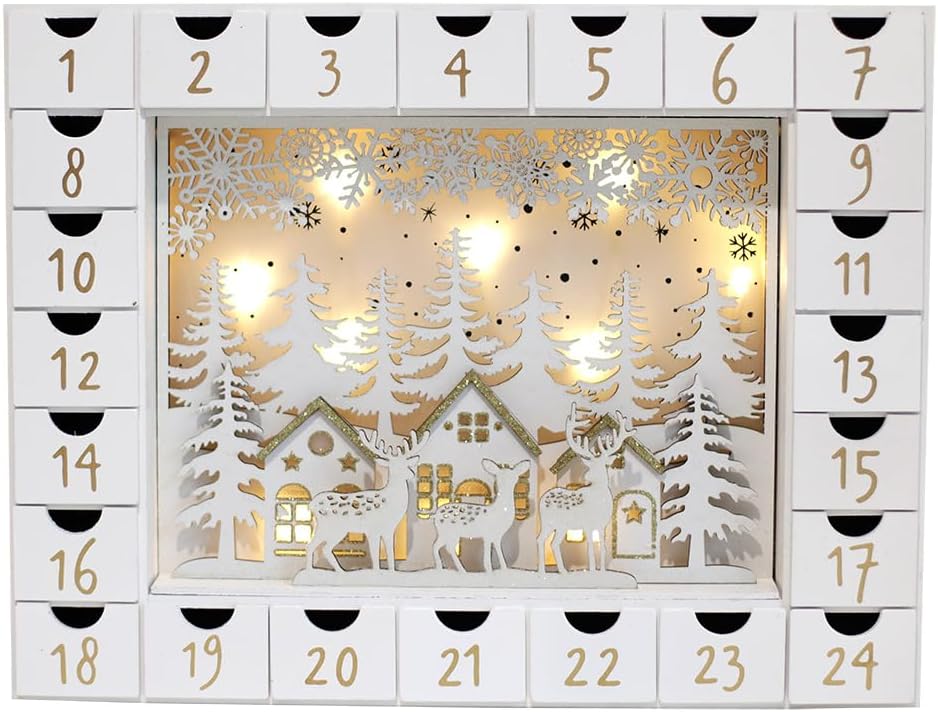 Christmas Wooden Advent Calendar with 24 Drawers to Fill Small Gifts Christmas Scene with LED Lights Countdown to Xmas