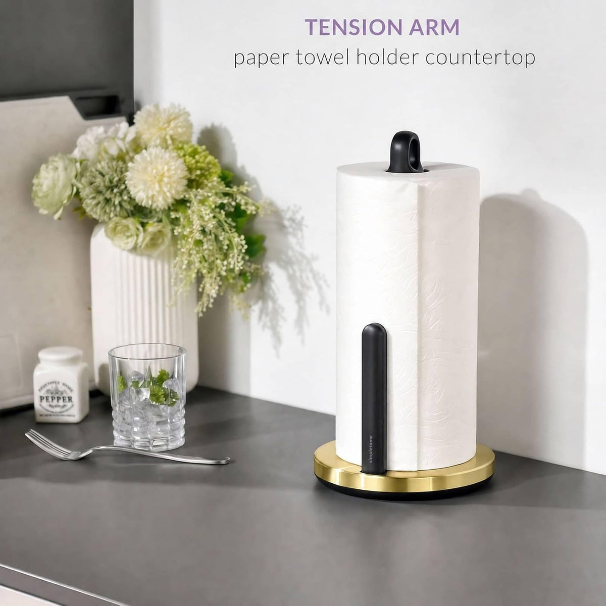 simpletome ONE Hand Tear Paper Towel Holder Countertop (Brushed Gold) | tension arm, tear one/more sheets at one time