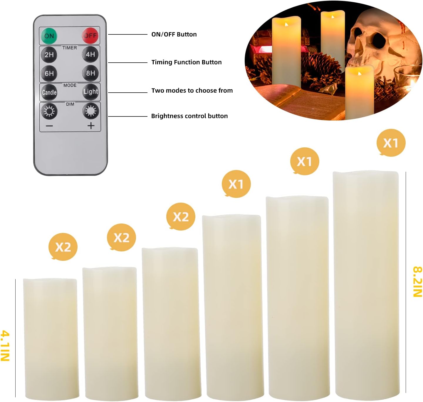 Flameless Battery Operated Led Candles10-Key Remote 24Hours Timer Set of 9 | (H 4" 5" 6" 7" 8" 9" x D 2.2") Real Wax