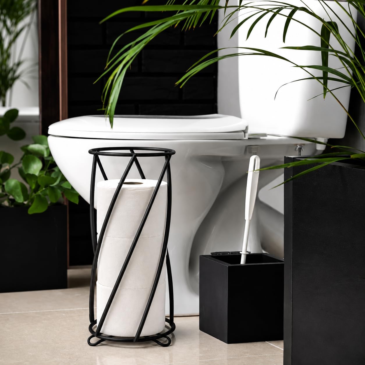 BROOKSTONE, Stylish Toilet Paper Holder, Freestanding Bathroom Tissue Organizer, Minimalistic Storage Solution, Modern