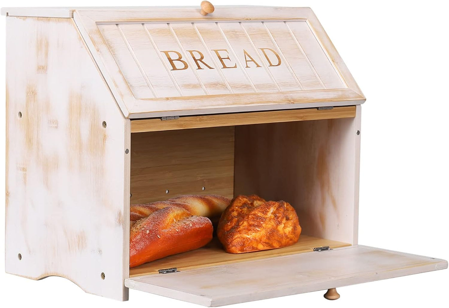 HOMEKOKO Vintage Double Layer Farmhouse Bread Box for Kitchen Counter,White | Keeps Bread Fresh 3-4 Days, 2-Tier