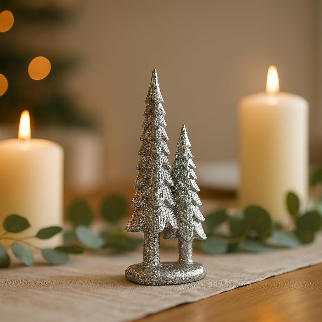 7" Resin Tabletop Figurine Double Glitter Trees on One Base Indoor Christmas Decoration / Silver