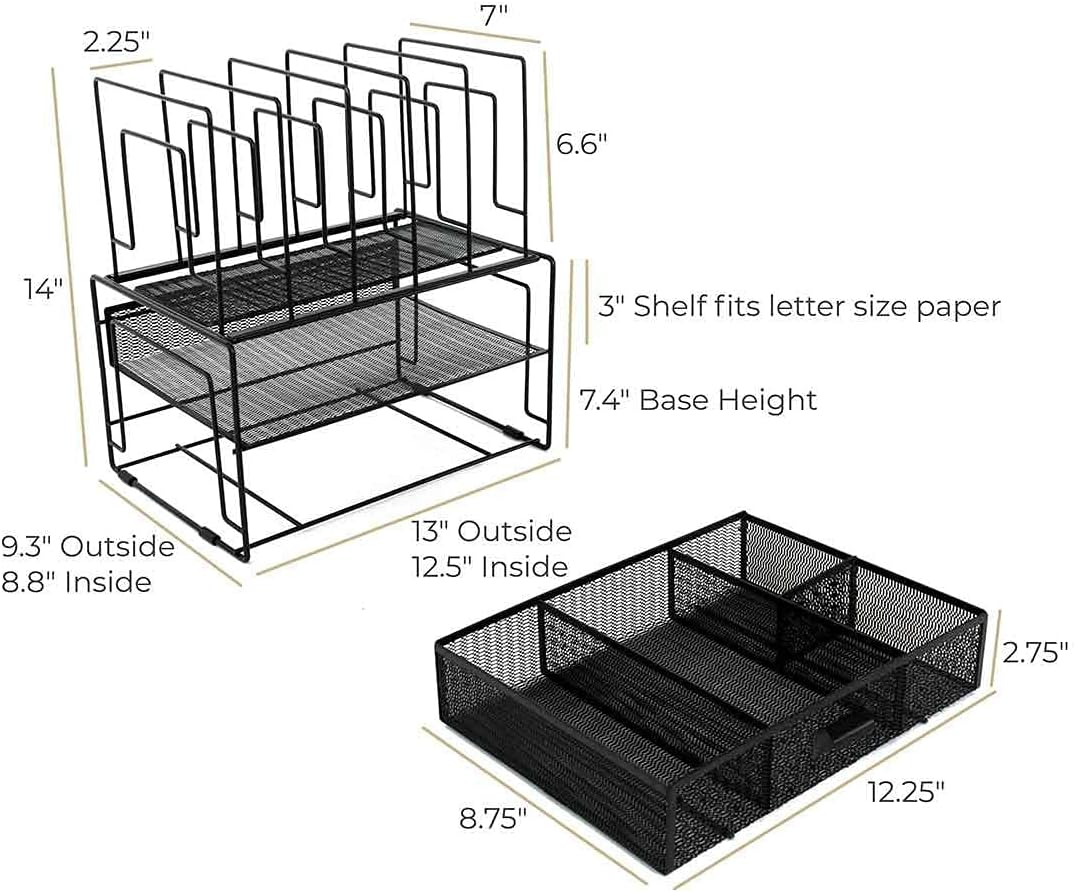 BLU MONACO | Black Wire Mesh Desk Organizer with Drawer | Desk Associates Women Office Set | File Sorters and Mesh Pen