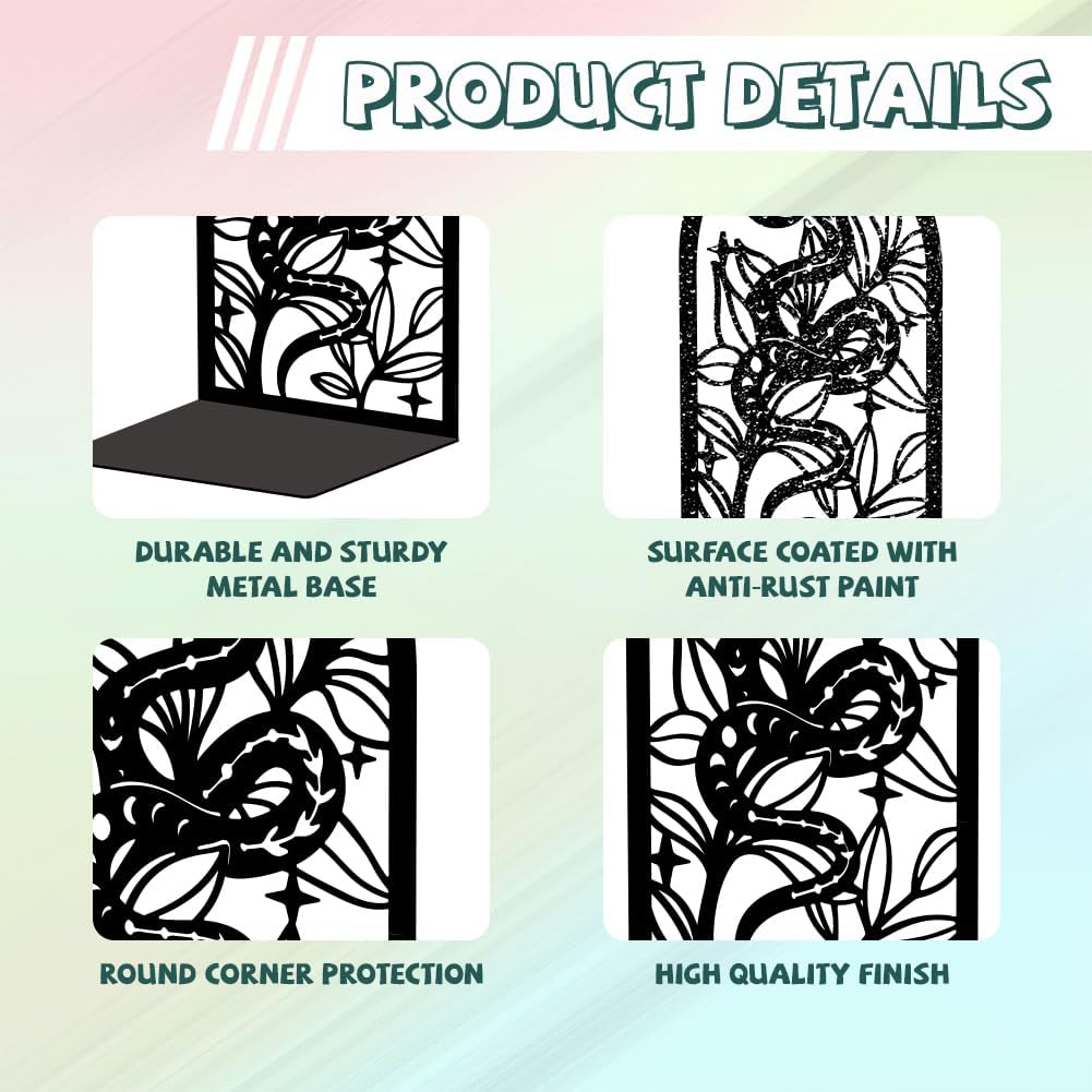 Metal Bookends / Modern Decorative Heavy Duty Study Book Support Stoppers / Bohemia Snake and Flower
