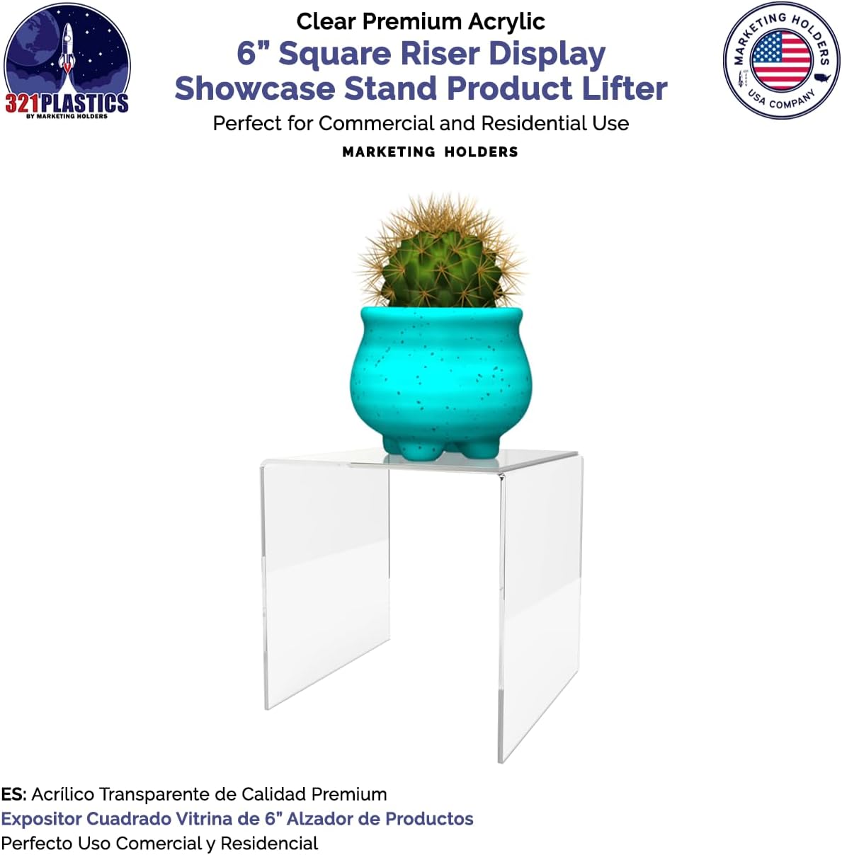 Marketing Holders 4 Pack Clear Acrylic Riser Display Stand 6” Reusable Square Platform POP Display Fixture for Retail