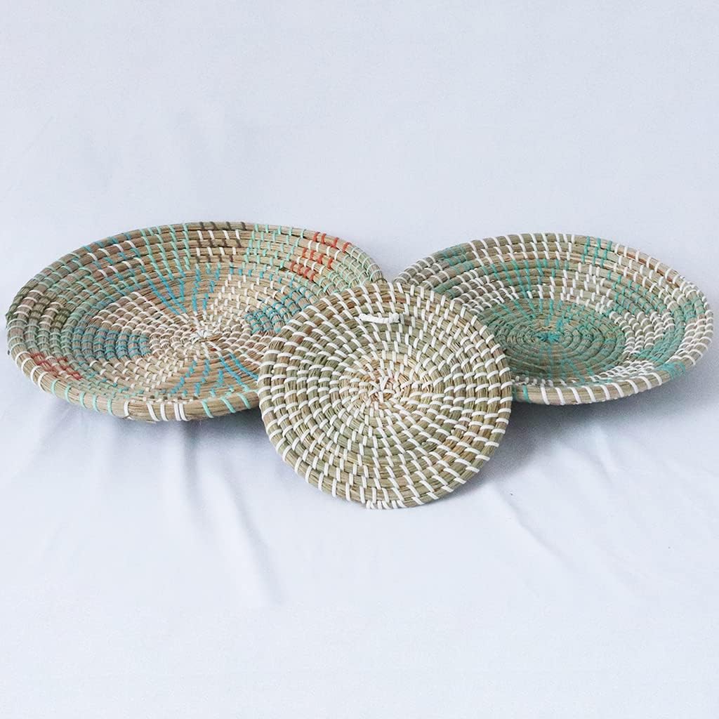 Boho Woven Wall Basket Decor Handmade Seagrass Round Hanging Decorative Fruit Dessert / Set of 3