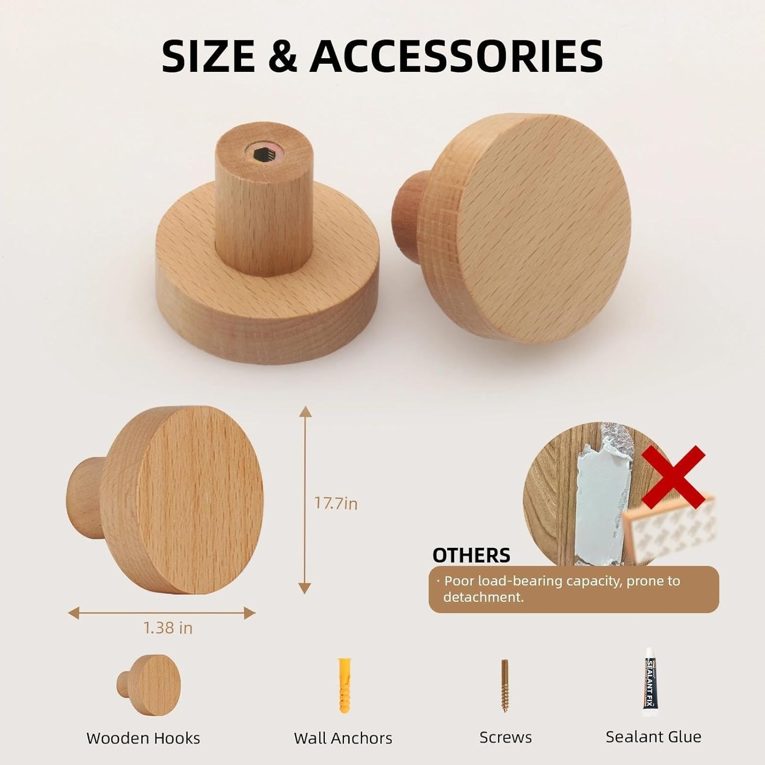 Wood Hooks No Damage Wall Hooks Round Rings Adhesive Hooks Clothes Friendly for Coat Hat / Set of 4