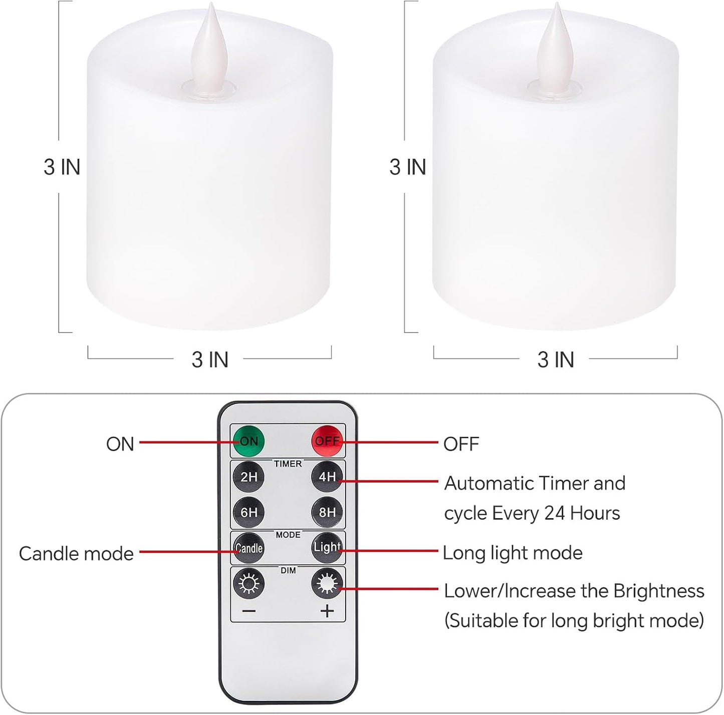 3x3 Flameless Candles Battery Operated with Remote Timer, Last 600 Hours Battery Candles Flickering, White Real Wax