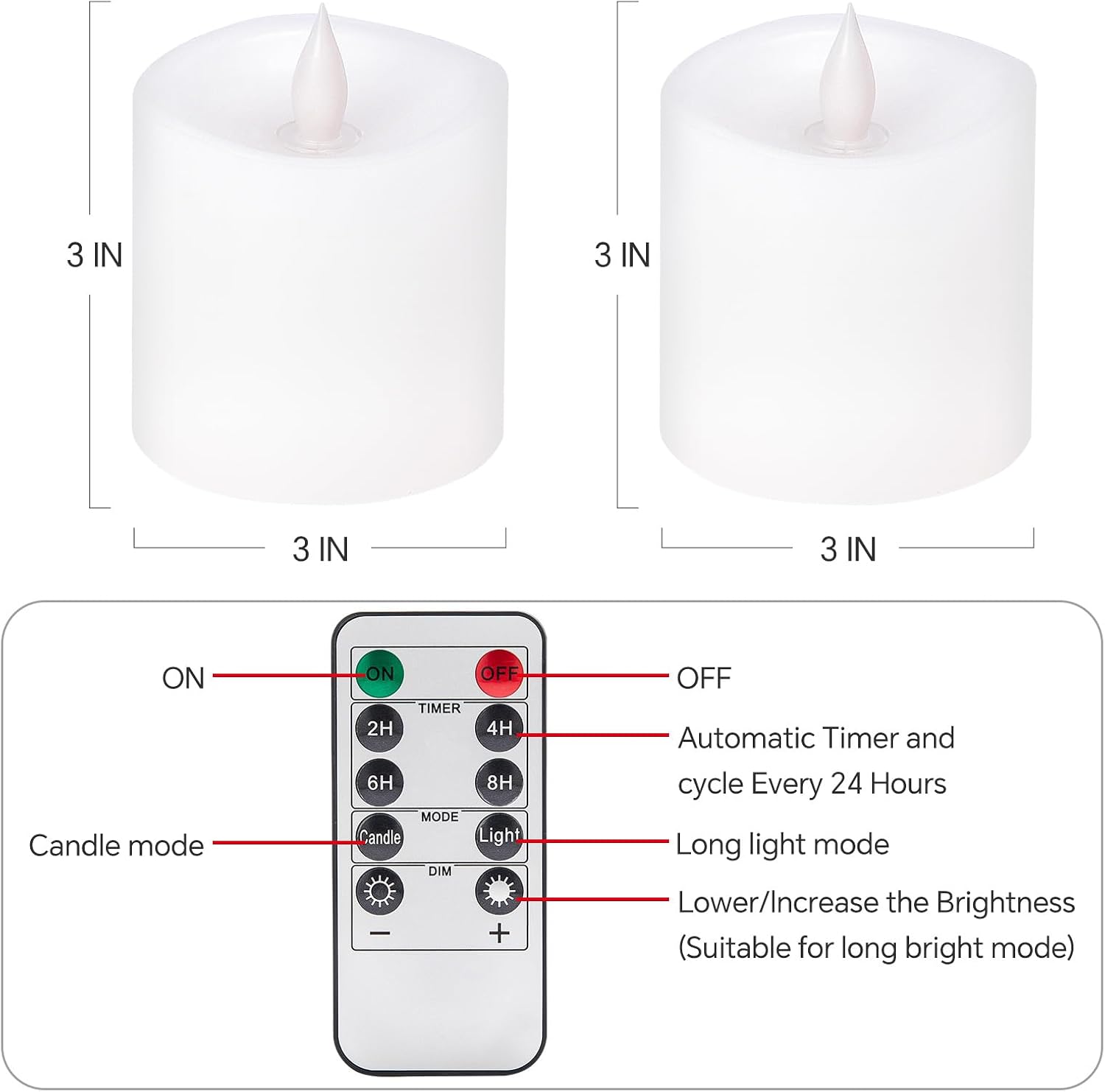 3x3 Flameless Candles Battery Operated with Remote Timer, Last 600 Hours Battery Candles Flickering, White Real Wax