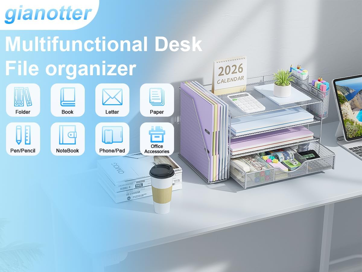 gianotter Desk Organizers and Accessories with File Holder, 4-Tier Desk Accessories & Workspace Organizers with Drawer