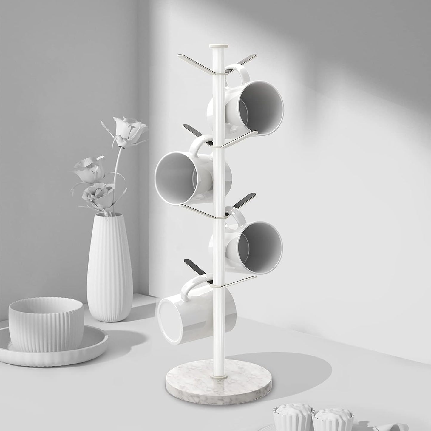 Gypie Mug Holder Tree Stand, Marble 8 Hooks Small Standard Cups, White | Free Standin, Stainless Steel Mug Rack for