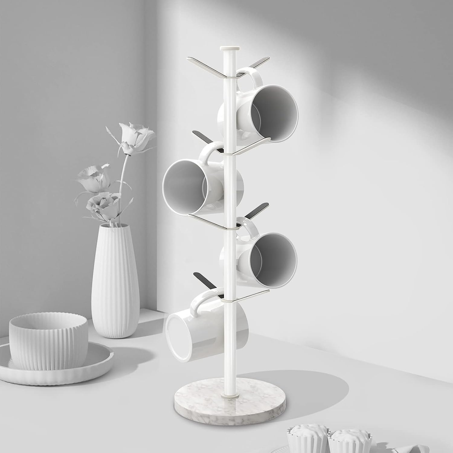 Gypie Mug Holder Tree Stand, Marble 8 Hooks Small Standard Cups, White | Free Standin, Stainless Steel Mug Rack for
